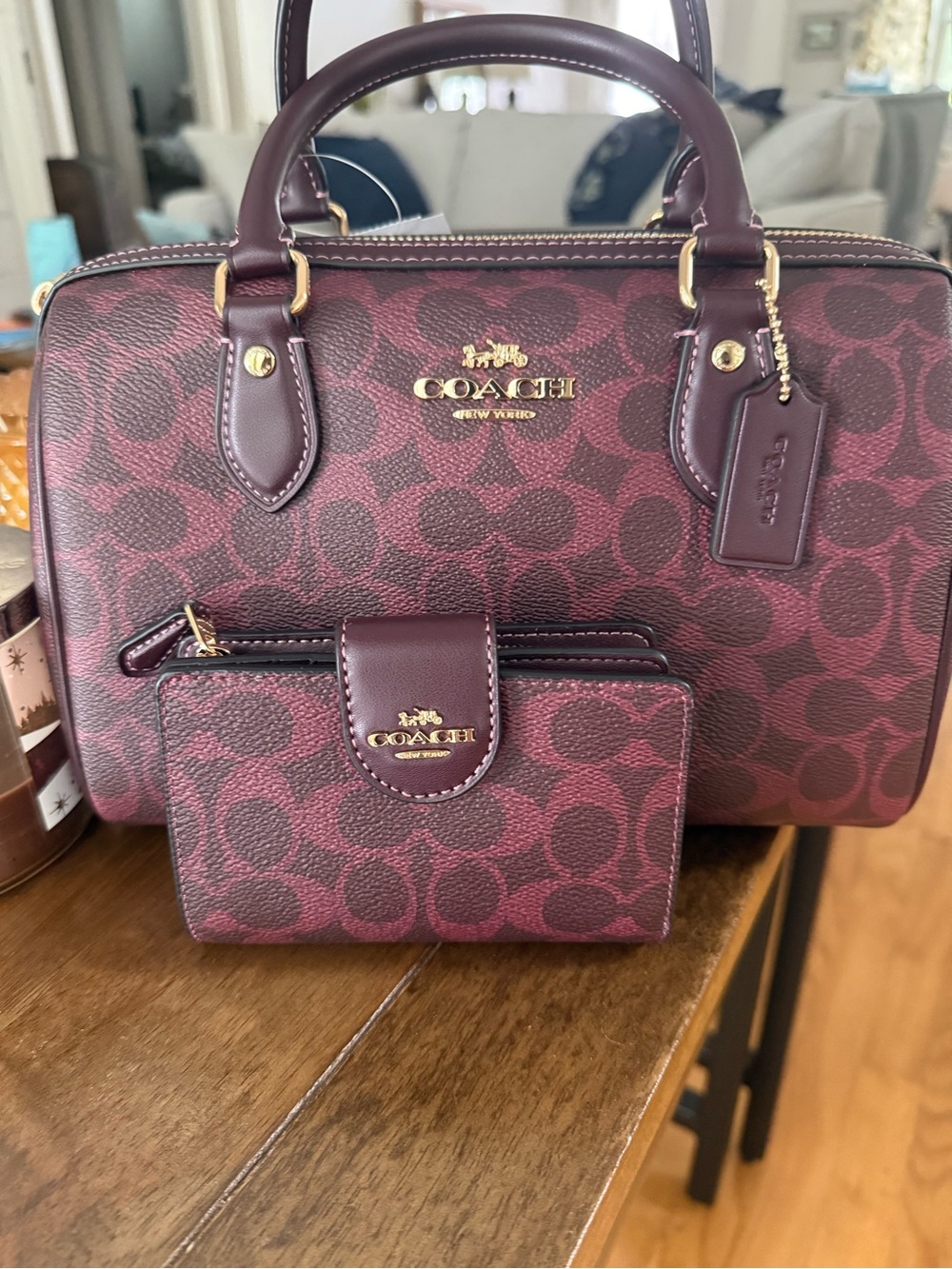 NWT Coach Black Currant Rowan Medium Satchel with Matching Wallet